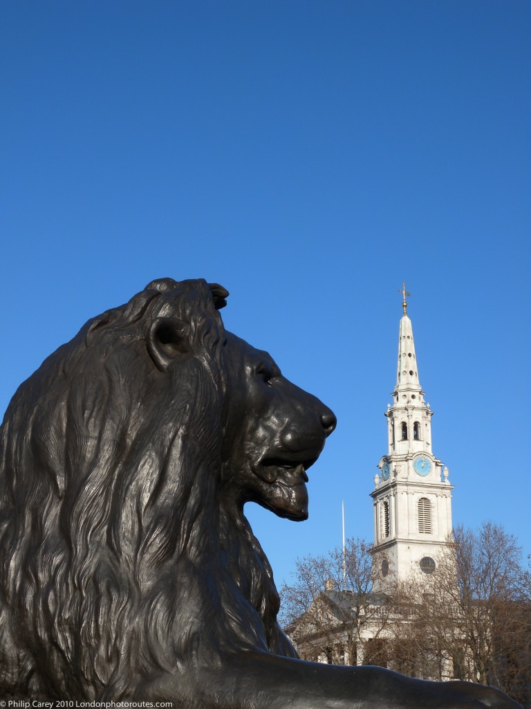 Trafalgar Square Lion and St Martins in Field Church